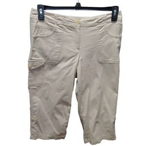 Izod Womens Cargo Capri Pants Khaki Size 8 Cotton Blend Cargo Stretch Button Zip